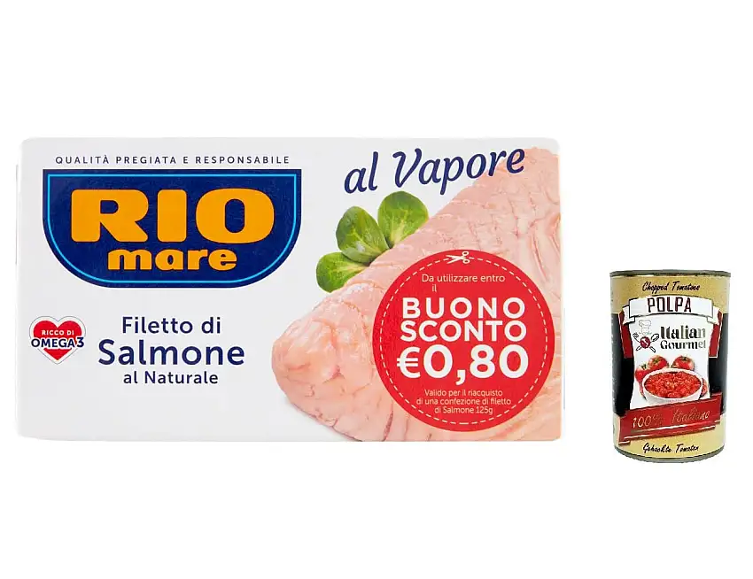 3x Rio mare Natürliches Lachsfilet, gedämpft, reich an Omega 3, 125 g + Italian Gourmet polpa 400g