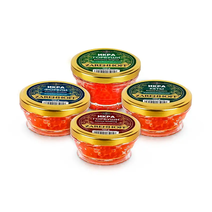 Lachskaviar Set Roter Kaviar 4 х 100 g - Buckellachs Gorbuscha aus Kamtschatka und Alaska, Lachskaviar Keta, Forellenkaviar икра
