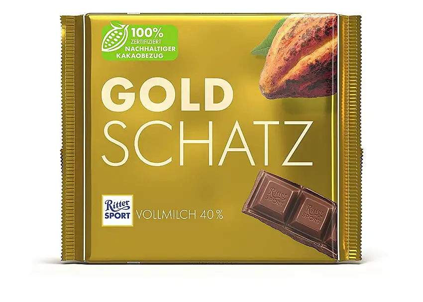 RITTER SPORT Goldschatz 250 g, Vollmilchschokolade mit edlem Trinitariokakao, Großpackung Tafelschokolade als Geschenk, zum Teilen oder selbst Naschen