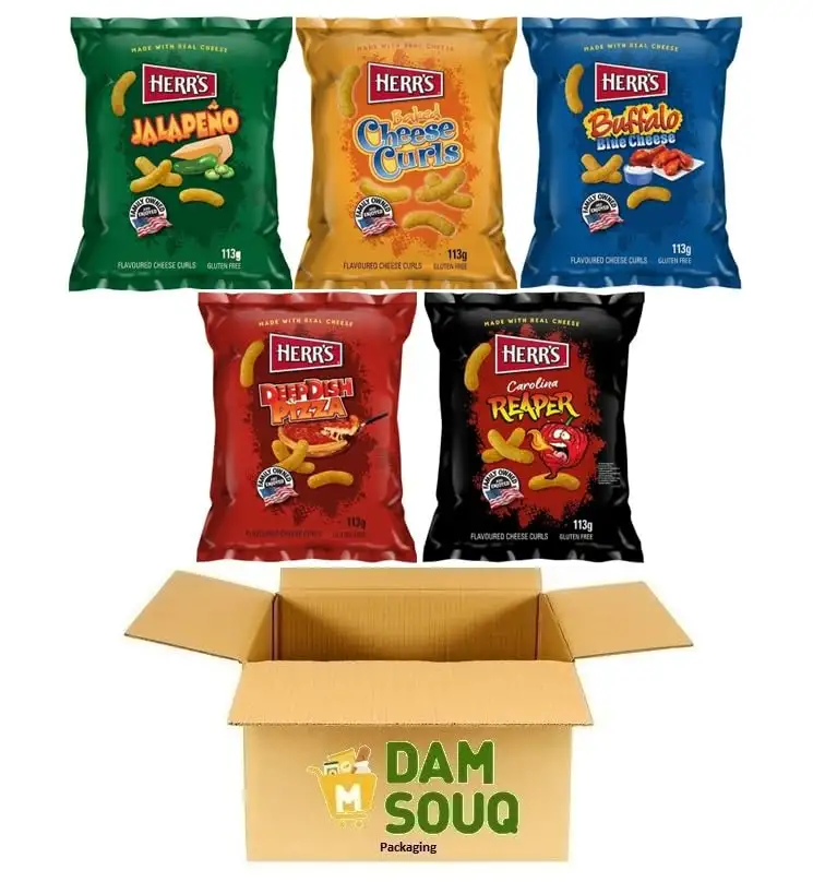 Damsouq® Mischpaket Herr's Chips Cheese Curls, Jalapeno, Büffel, Pizza, Carolina Reaper (5x 113 Gramm)
