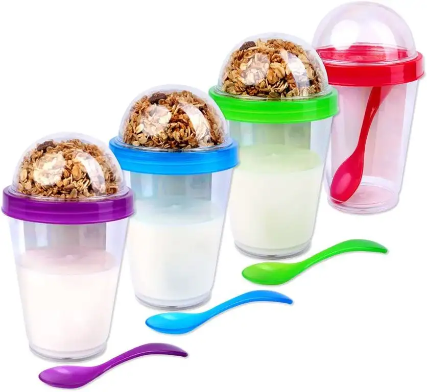 Schramm® 4 Stück Joghurtbecher to go Müsli-to-Go 4- farbig Sortiert Müslibecher inkl. Löffel Müslischale Joghurt Becher Müslibehälter Joguhrtbehälter für unterwegs 4er Pack