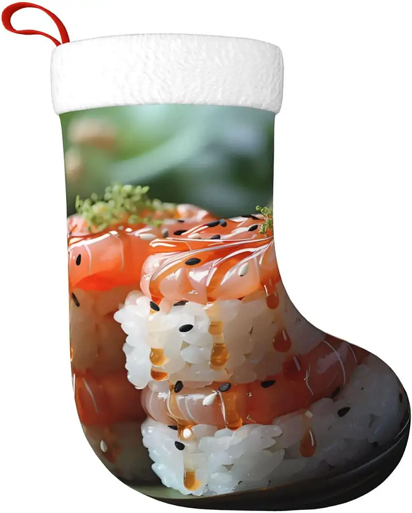 BROLEO Frische Lachs Sushi Prints Weihnachten Dekorative Strümpfe - Festliche Urlaub Zubehör für Partys und Gemeinschaftsveranstaltungen