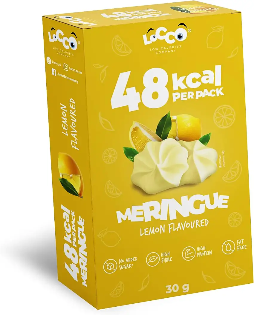 LOCCO Proteinreiche Meringues Nur 1 kcal pro Portion Toll als Kuchendekoration Ohne Zuckerzusatz Fettfrei Ballaststoffreich Veganer Snack Zitronengeschmack