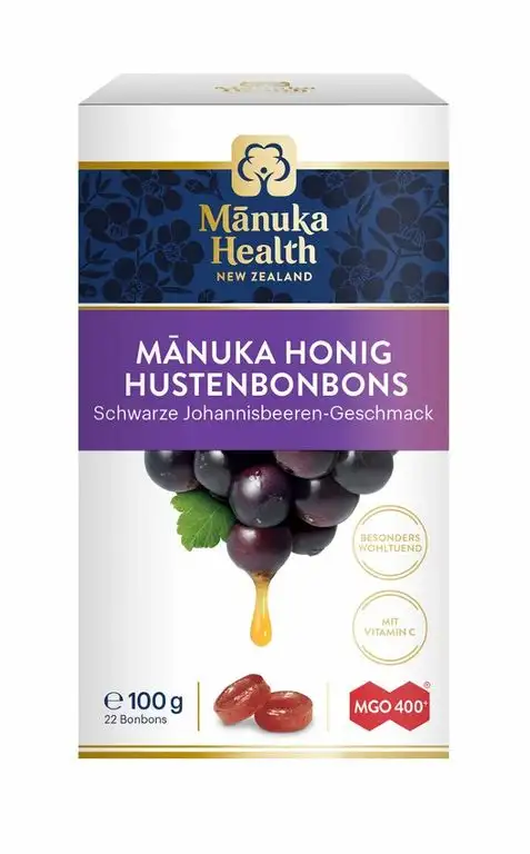 Manuka Health - MGO 400 + Schwarze Johannisbeere Lutschbonbons 100 g - 100% Purer aus Neuseeland mit zertifiziert aktiver Methylglyoxal und vitamin C bonbons