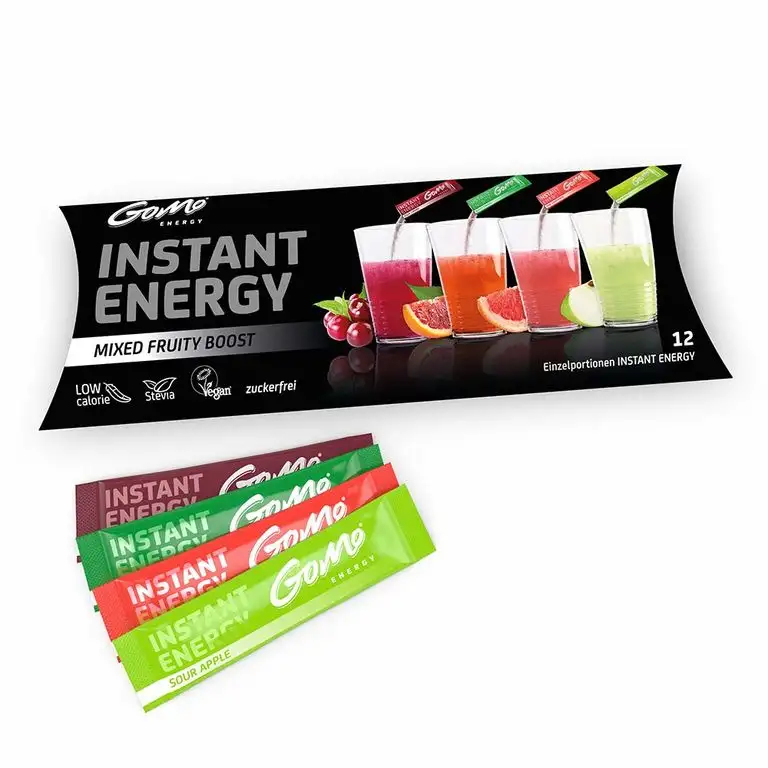 GoMo ENERGY® Sortenmix fruchtige Energie│ Getränkepulver Zuckerfrei│ Koffein + Vitamine + Mineralien + Pflanzenextrakte │ mit Stevia für 250ml Getränk │ Mixed FRUITY BOOST Set 4 x 3 Einzelportionen