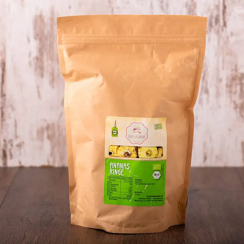 süssundclever.de® Bio Ananasringe | 1,0 kg (2 x 500g) | Premium Qualität | zuckerfrei & schwefelfrei | plastikfrei und ökologisch-nachhaltig abgepackt