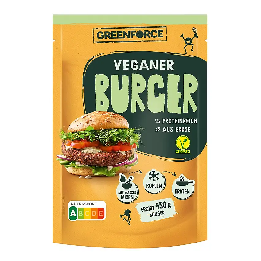 Veganer Fleischersatz von GREENFORCE | pflanzliches Burger Pulver perfekt zum Grillen, anbraten und für Parties | Proteinreich, Glutenfrei & Vegan aus Erbsen | nachhaltige Erbsenprotein Burgerpatties
