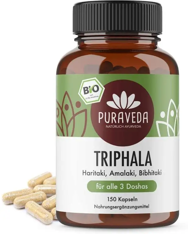Triphala Kapseln Bio - 150 Stück - Ayurveda Dreifrucht - Haritaki, Amalaki und Bibhitaki - KEIN Magnesiumstearat - Abgefüllt und kontrolliert in Deutschland (DE-ÖKO-005)