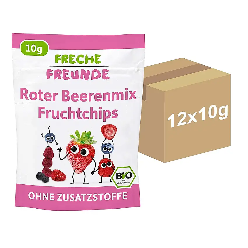 FRECHE FREUNDE Bio Fruchtchips "100% Roter Beerenmix", gefriergetrocknete rote Beeren, ohne Zuckerzusatz, vegan, glutenfrei, 12er Pack (12 x 10g)