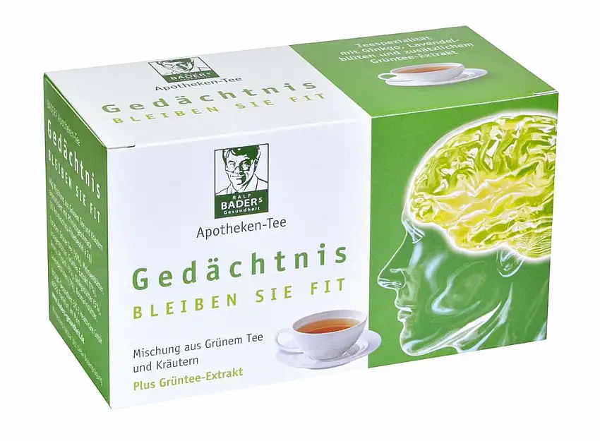 BADERs Apotheken-Tee Gedächtnis. Grüner Tee mit zusätzlichem Grüntee-Extrakt, Melisse und Ginkgo. Köstlicher Geschmack mit Pfirsicharoma. 20 Filterbeutel. PZN 001179490