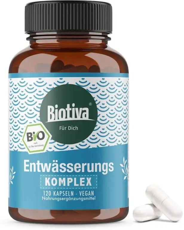 Entwässerungs Komplex Bio - 120 Kapseln - innovativ, hochdosiert - Brennnesselblätter, Birke, Fenchel, Spargel, Weintraubenkern - Abgefüllt und kontrolliert in Deutschland (DE-ÖKO-005)