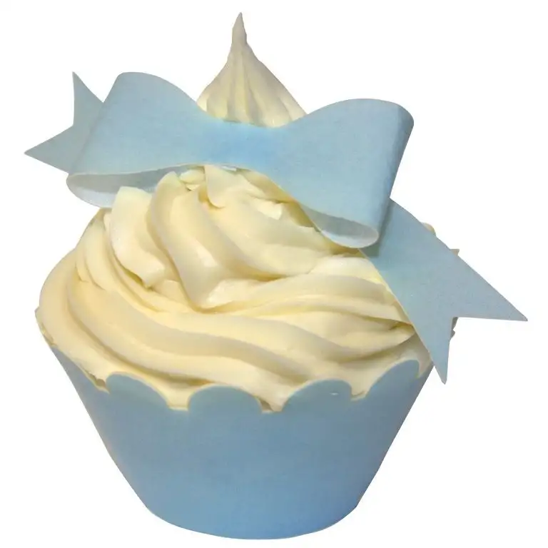 12 Schleifen aus essbarem Papier: Babyblau Pünktchen Design / 12 Edible Wafer Cake Decorations: Baby Blue Polka Dot Bows