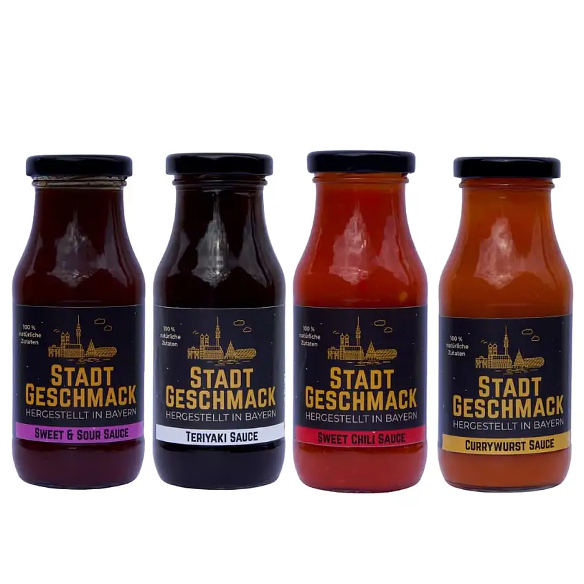 4er Set "Asia" - ohne Geschmacksverstärker und Konservierungsstoffe - StadtGeschmack - vegan - Asia Sauce - Teriyaki Sauce - Sweet Chili Sauce - Sweet & Sour Sauce - Currywurst Sauce 4 x 215ml