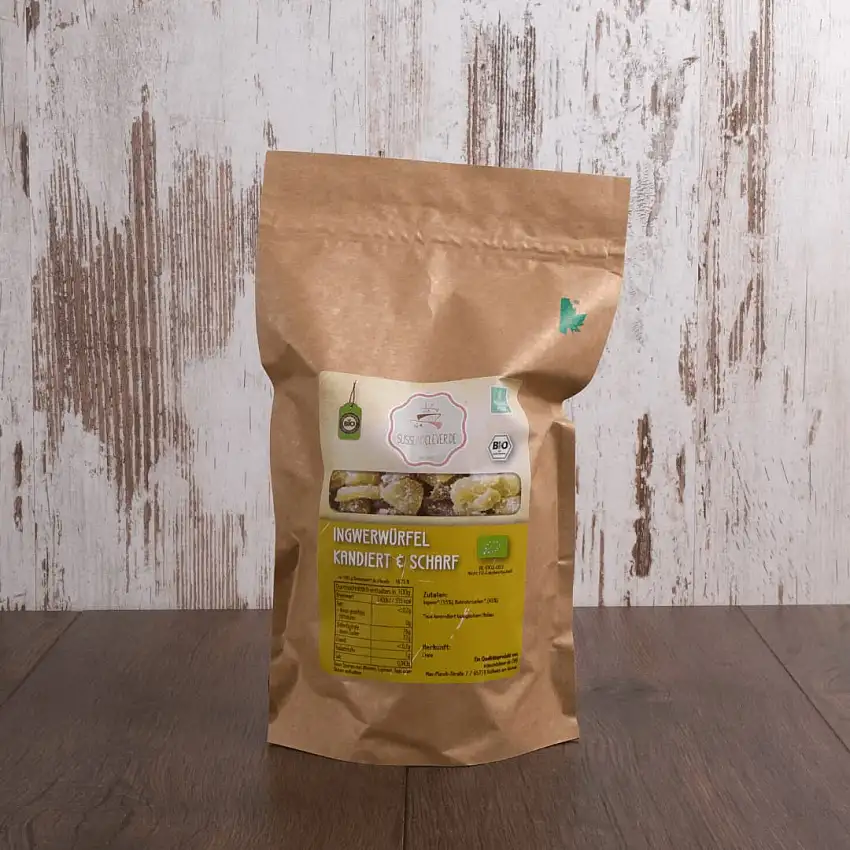 süssundclever.de® Bio Ingwerwürfel | kandiert & scharf | 1,0 kg | Ingwer | plastikfrei und ökologisch-nachhaltig abgepackt