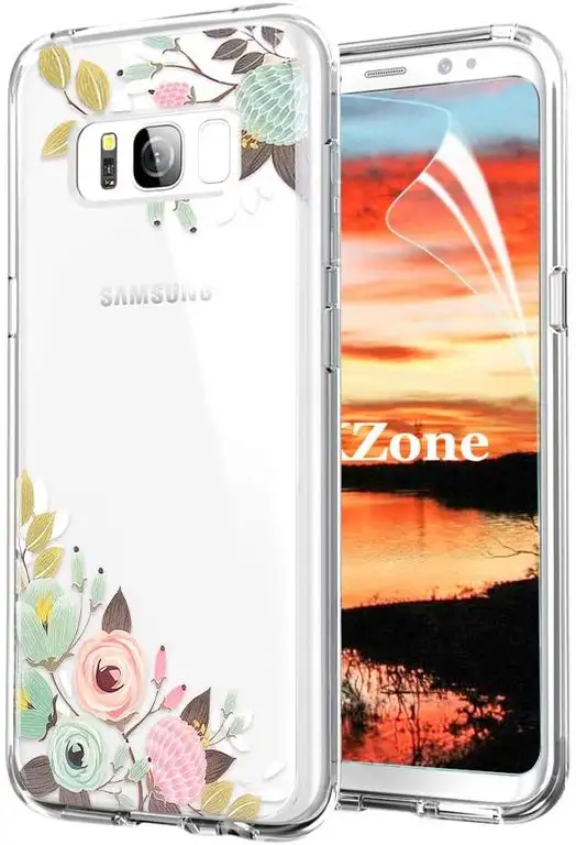 OKZone Galaxy S8 Hülle [mit HD-Schutzfolie], [Blumen Series] Transparent Weiche Silikon Malerei Muster Hülle TPU Bumper Case Blühende Blumen Design Schutzhülle für Samsung Galaxy S8 (Grün)