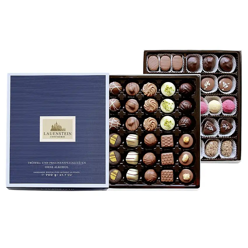 Lauensteiner Pralinen-Auslese OHNE ALKOHOL | 700 g in edler Geschenk-Schachtel | 26 köstlichen Variationen | Schoko-Genuss für Groß und Klein | 1er Pack