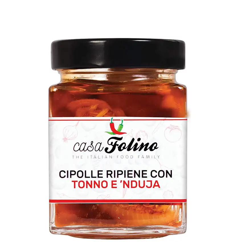 Zwiebeln aus Thunfisch und 'Nduja 290 Gr. CasaFolino. Zwiebeln, Thunfisch und 'Nduja treffen sich, um eine echte Geschmacksexplosion zu erzeugen. Made in Italy.