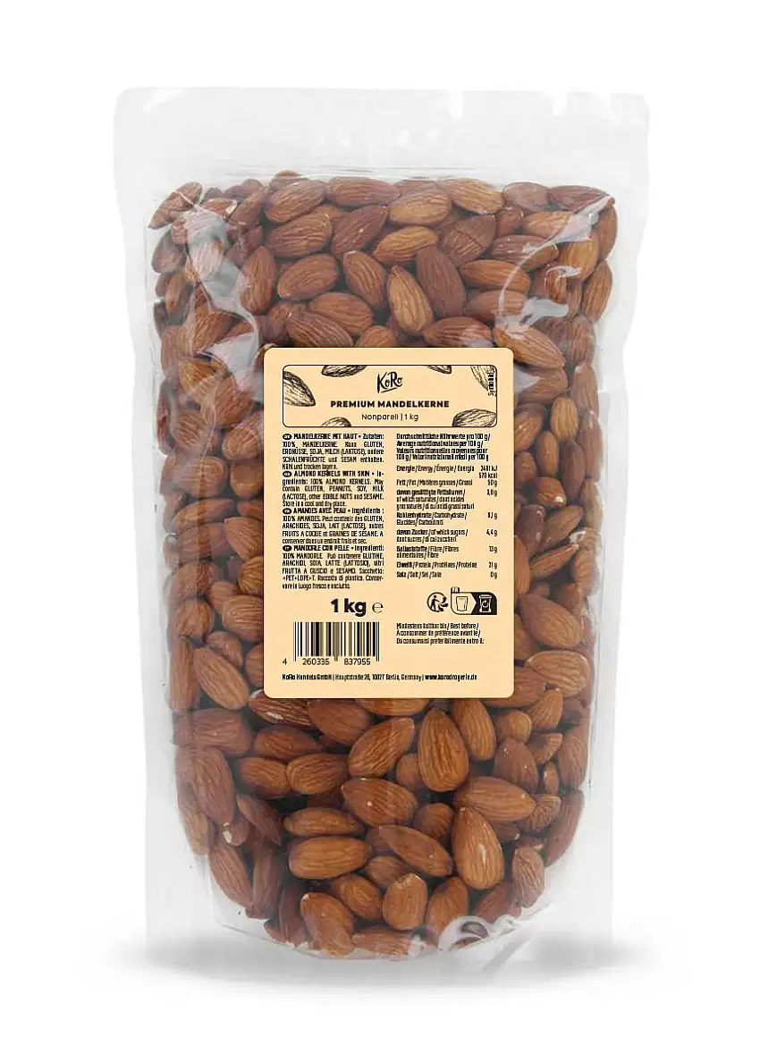 KoRo - Mandelkerne Nonpareil Premium 1 kg - Mandeln mit Schale - Naturbelassen und ungeschwefelt