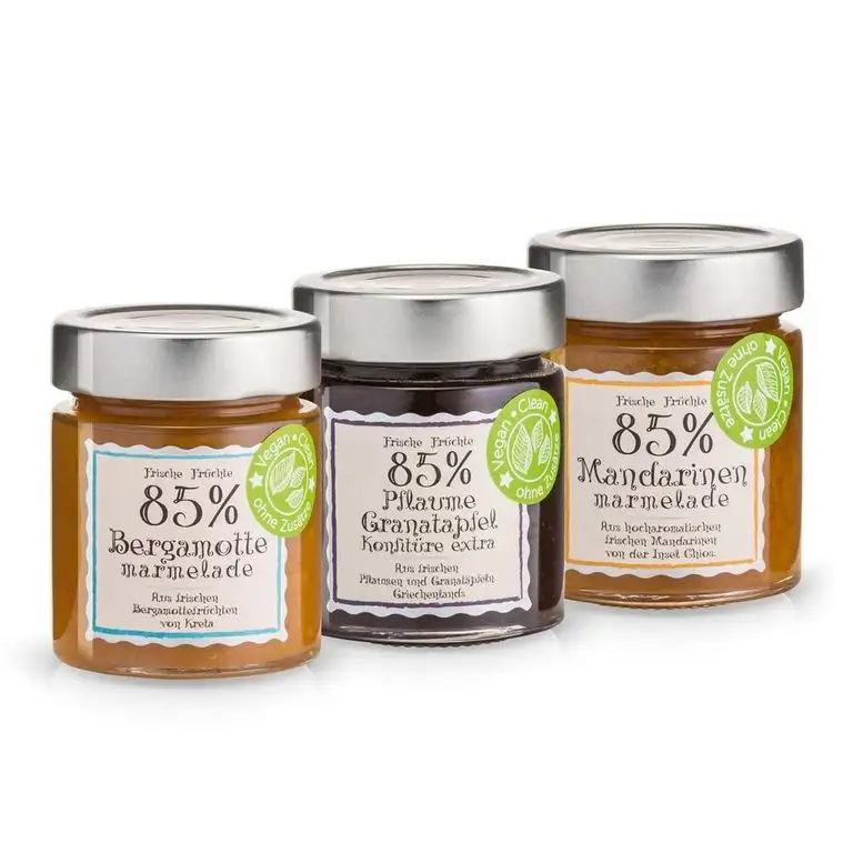 Griechisches Fruchtmarmeladen-Set bestehend aus Marmeladenspezialitäten 1 x Mandarine, 1 x Bergamotte, 1 x Pflaume-Granatapfel aus je 85% frischen, reifen Früchten