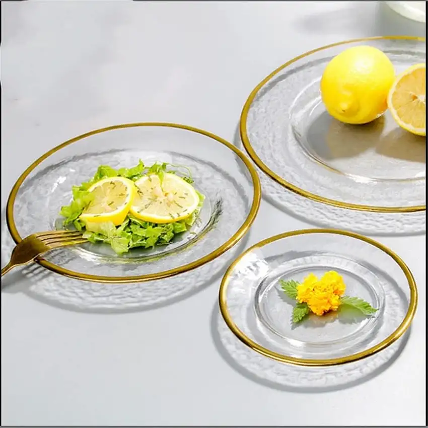 GJRFYJ Europäischer Stil Gold Side Glasteller Teller Salat Obstschale Dessert Hochzeit Familie Teller Dekoratives Geschirr Set (Color : A, Size : 27cm)