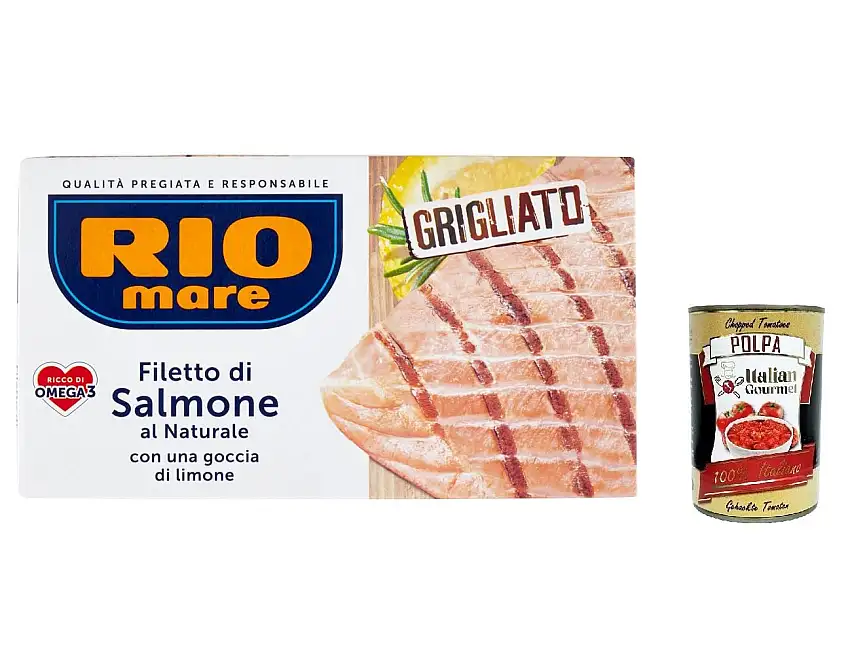12x Rio Mare Natürliches Lachsfilet mit einem Tropfen gegrillter Zitrone 125 g + Italian Gourmet polpa 400g