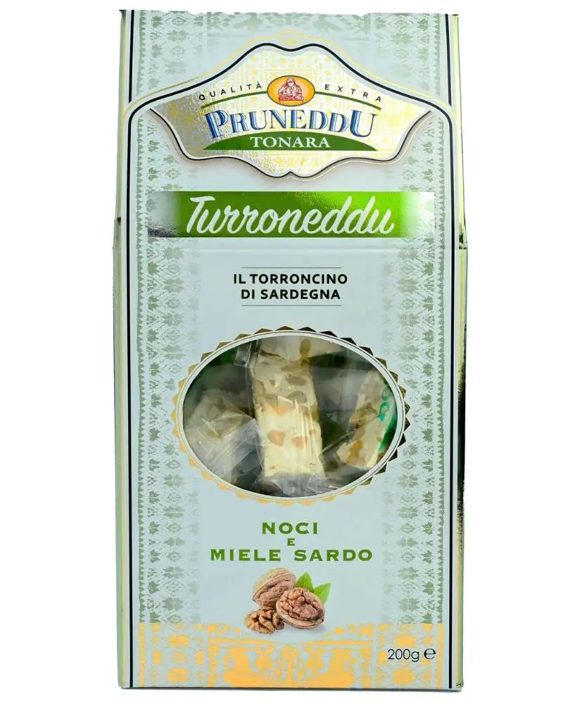 Torroncini mit Walnüssen und Honig aus Sardinien (hart), 200g, Geschenkverpackung, weißer Nougat, Torrone, Pruneddu Torronificio Artigianale
