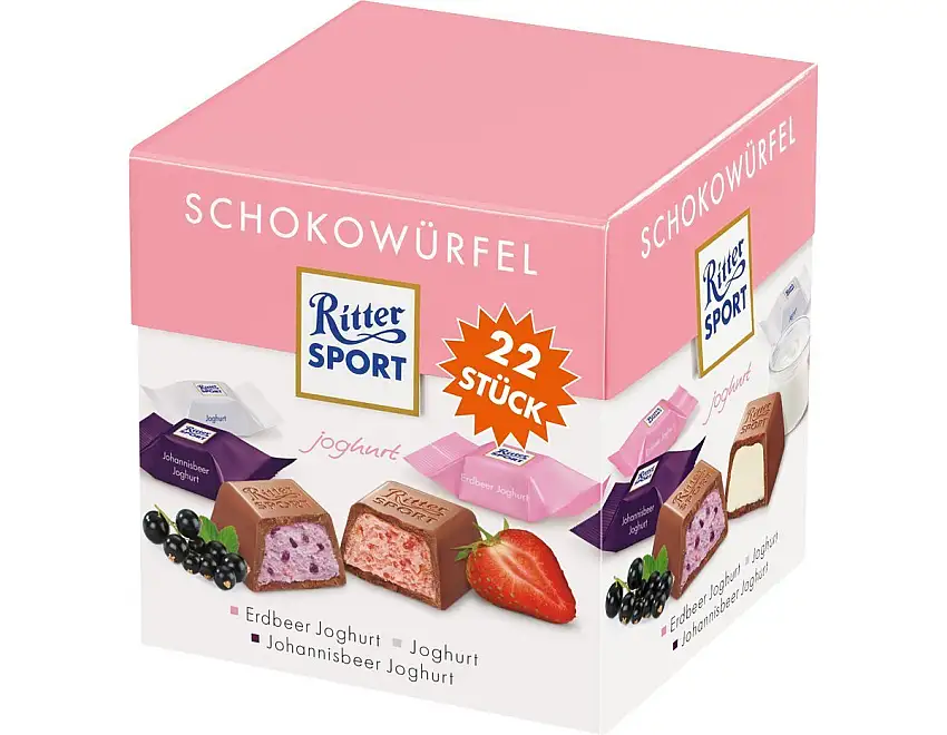 RITTER SPORT Schokowürfel Joghurt, 176 g, mini Schokoladen gefüllt mit Erdbeer Joghurt, Johannisbeer Joghurt und Joghurt, Geschenk & Mitbringsel für Schokofreunde