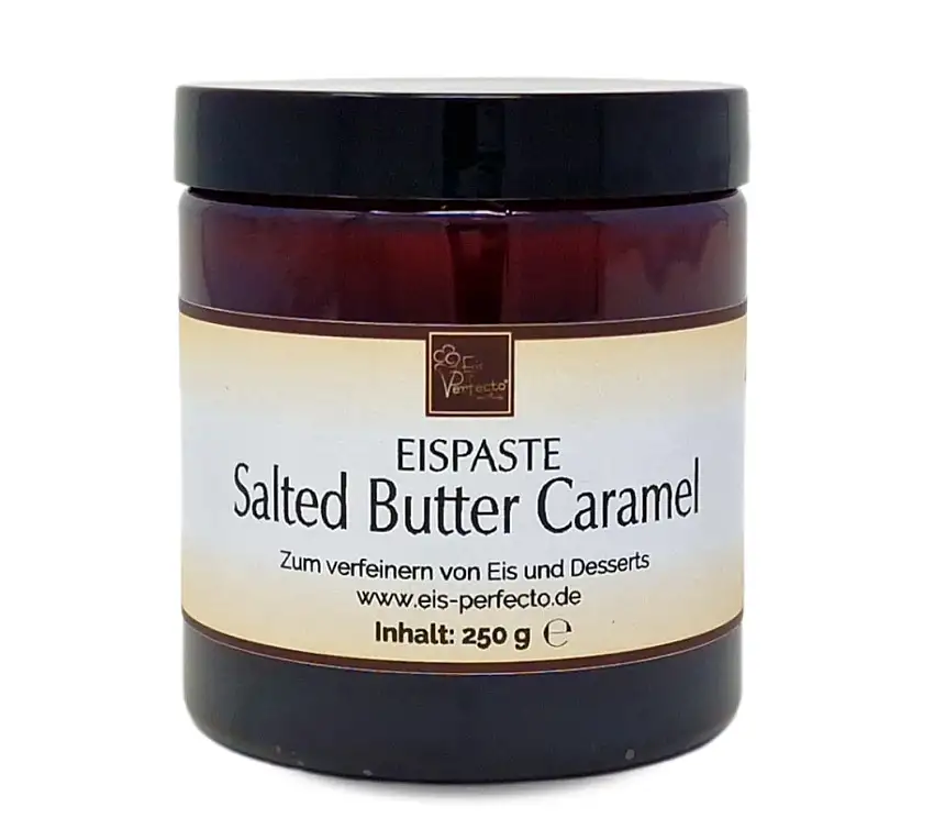 Salted-Butter-Caramel-Eispaste für köstliches, cremiges Eis mit intensivem Geschmack von salzigem Butterkaramell. Auch zum Verfeinern von Desserts uvm.» Inhalt 250 g