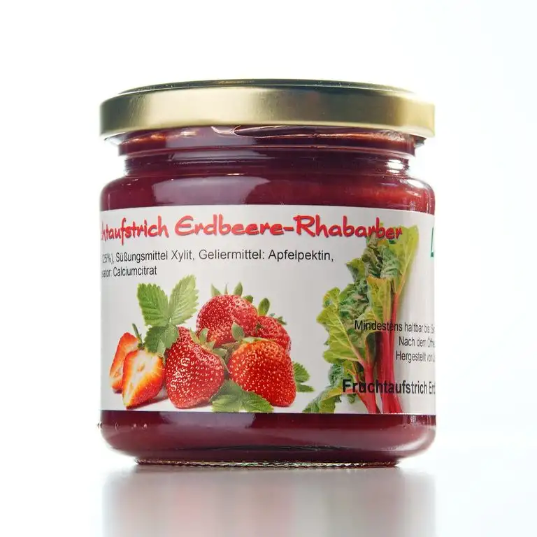 Xylit Fruchtaufstrich"Erdbeere-Rhabarber" ohne Zuckerzusatz, nur mit Xylit gesüßt, 75% Fruchtanteil (mehr als Marmeladen), Low Carb, 200 g