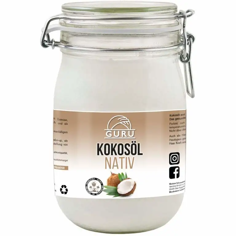 Guru Kokosöl nativ und naturrein -Bio Qualität- 1. Kaltpressung - Rohkost - Vegan - Bio-Kokosfett (Bügelglas, 1000ml)