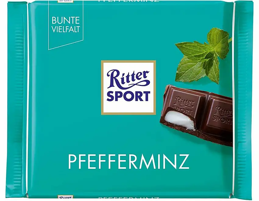 RITTER SPORT Pfefferminz (100 g), Halbbitter-Schokolade mit Pfefferminze gefüllt, besonders erfrischender Geschmack, Pfefferminzschokolade
