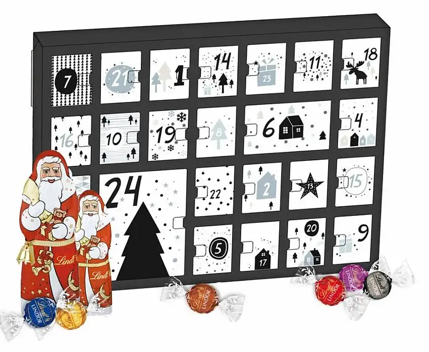 Black Friday!! Super Sale" Adventskalender „Christmas Forever“ im Querformat gefüllt mit Lindt Schokoladenspezialitäten