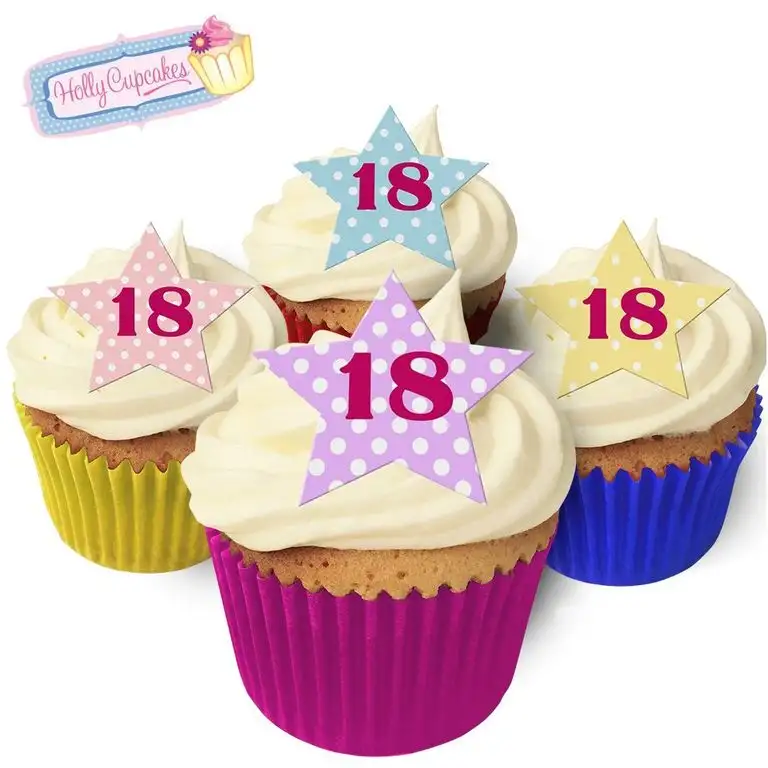 12 essbare "18" Sterne-Kuchendekorationen im Weinlese Pünktchen Design, plus 12 frei kleinerensterne!