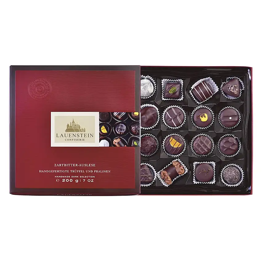 Lauensteiner Edelbittere Spezialitäten | 200g in Geschenk-Box | 16-fach sortiert | Die Geschenkidee für Liebhaber dunkler Schokolade - Als Geburtstagsgeschenk | 1er Pack