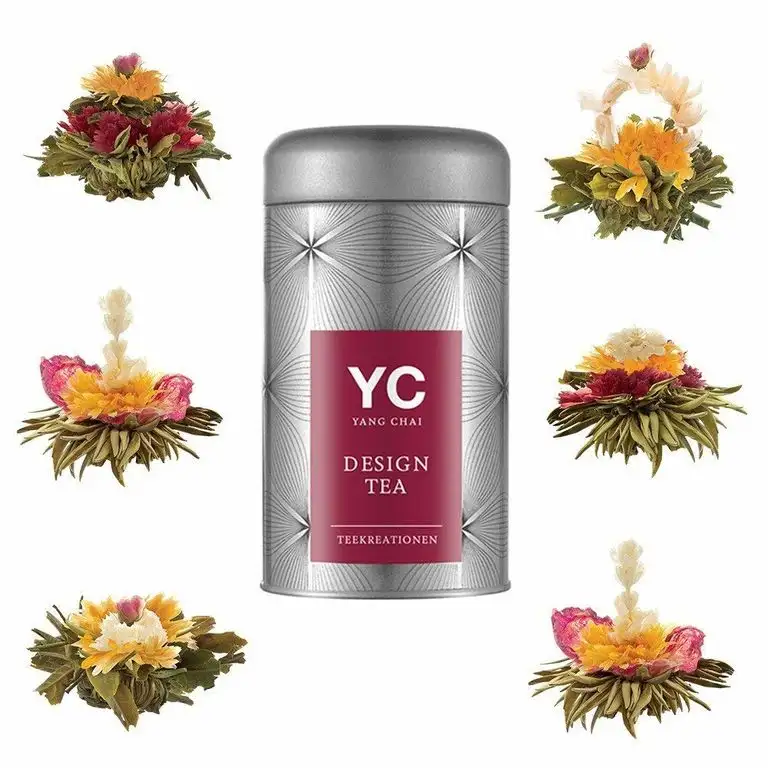Yang Chai Teeblumen Geschenkset Excite – Tee Geschenk Flower Tea 6 versch.Teeblumen in Metalldose MIT Teeblumenhalter