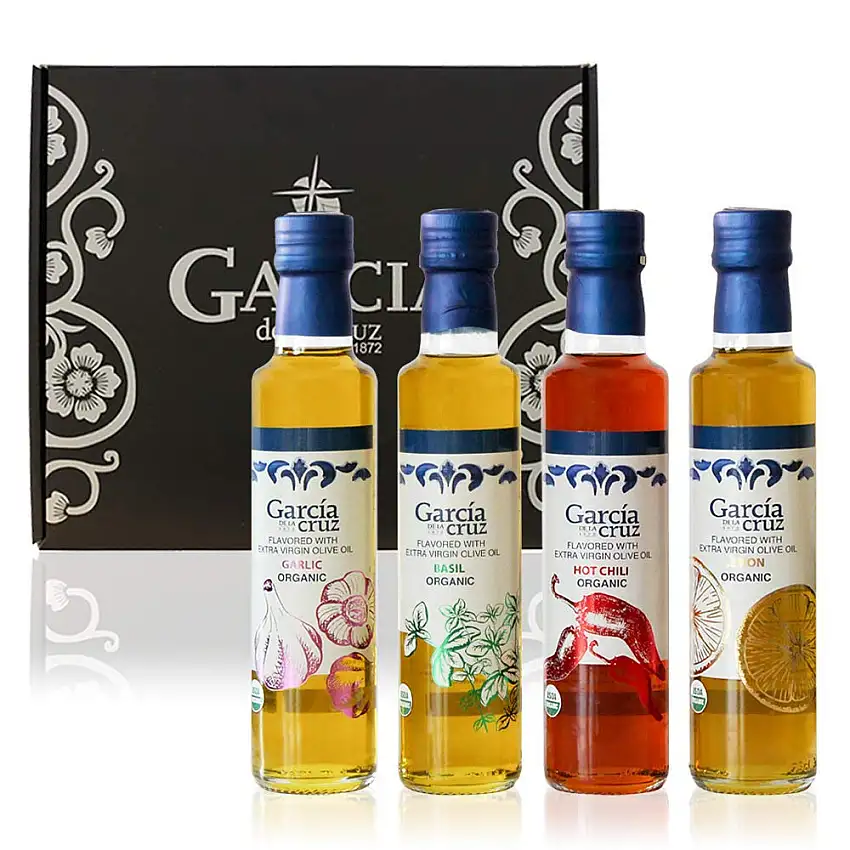 GARCÍA DE LA CRUZ - Natives Bio-Olivenöl extra, Geschenkset, aromatisiertes Öl, Knoblauch, Basilikum, Chili und Zitrone, aus Spanien, Montes de Toledo, Glasflaschen, 4er Pack - 250 ml
