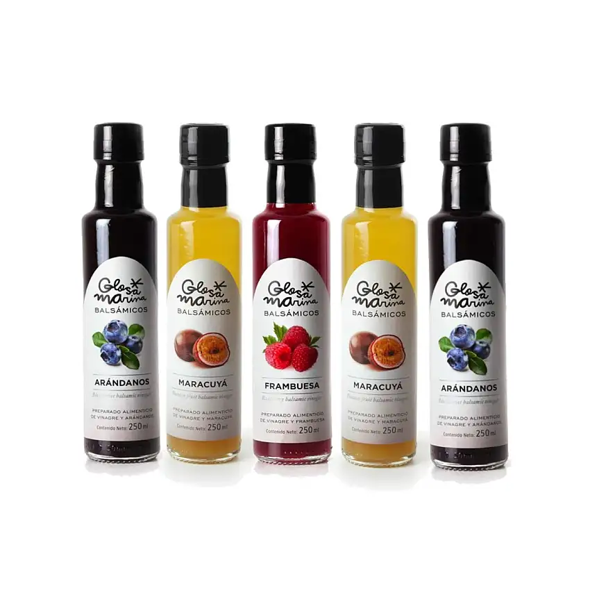 GLOSA MARINA 5er Gourmet Paket *HEIDELBEERE, MARACUJA, HIMBEERE* Crema Balsámica de Arandanos, Maracuyá, Frambuesa - Balsamico Gourmet Essig Creme (5 x 250ml)