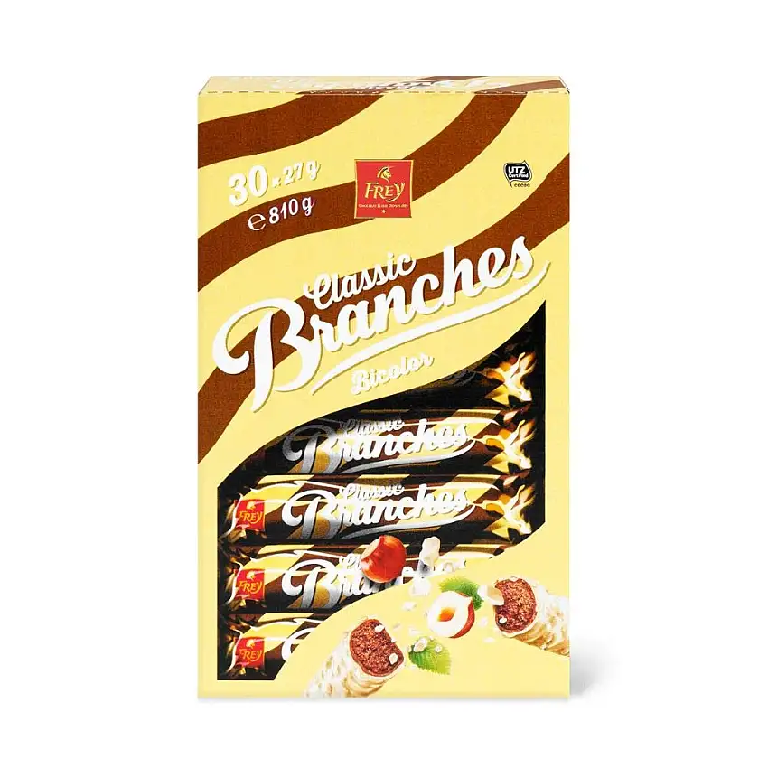 Frey Branches Classic Schokoriegel Bicolor 30er-Pack - Weisse Schokolade und Milchschokolade mit Haselnusscremefüllung - Schweizer Schokolade - Großpackung 30 Stück à 27g einzeln verpackt / 810 g