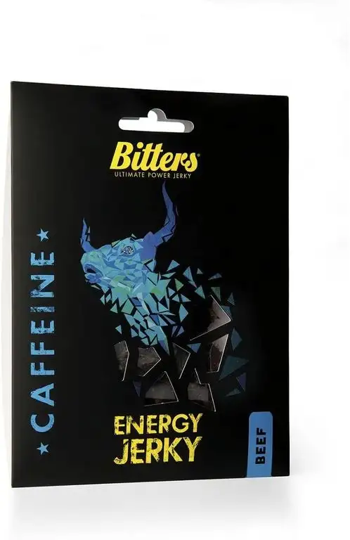 Bitters Energy Beef Jerky - Caffeine, Getrocknetes Rindfleisch mit Koffein - fein geräuchert, 4X20g