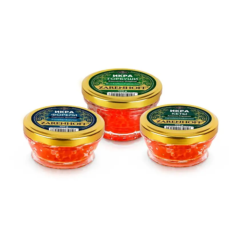Lachskaviar Set Probierset Roter Kaviar 3 х 100 g - Buckellachs Gorbuscha aus Kamtschatka, Lachskaviar Keta, Forellenkaviar икра