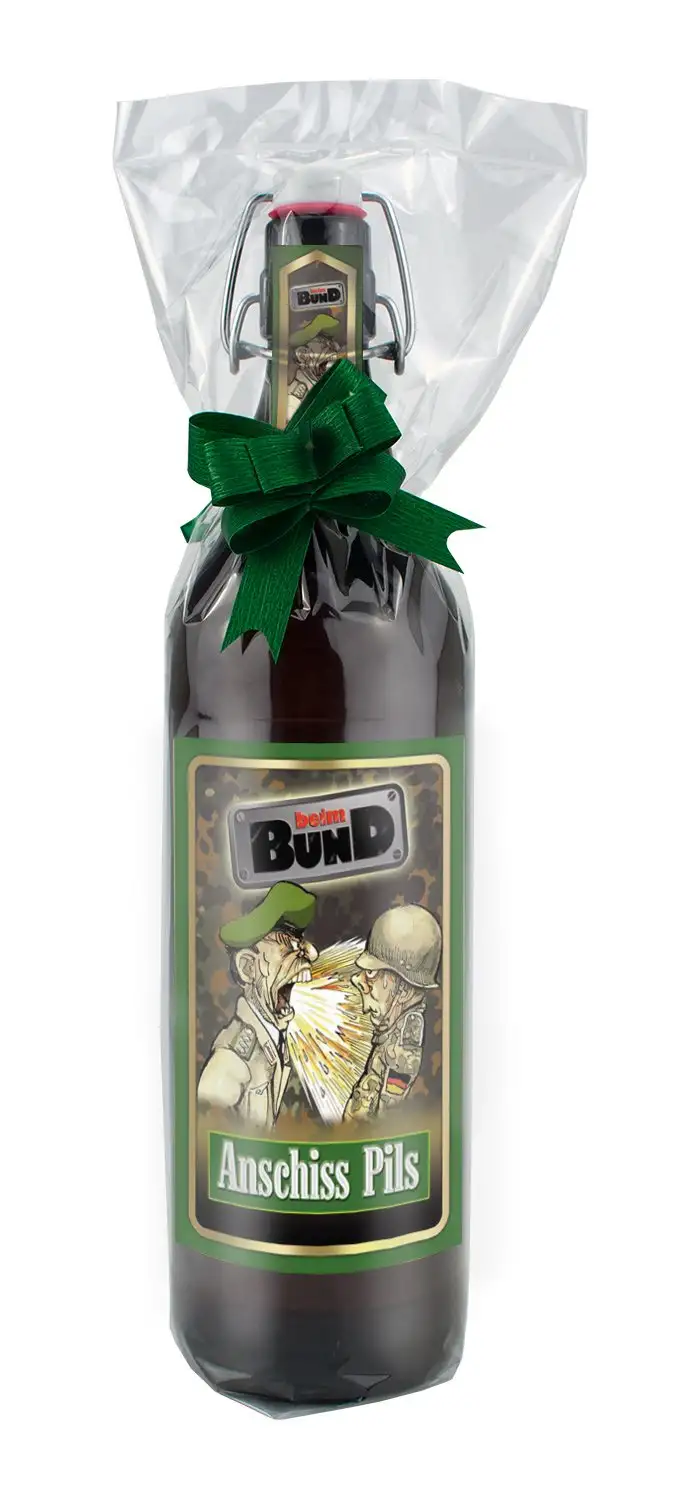 Beim Bund - Anschiss 1 Liter Flasche mit Bügelverschluss in Folie und Schleife verpackt als Geschenk