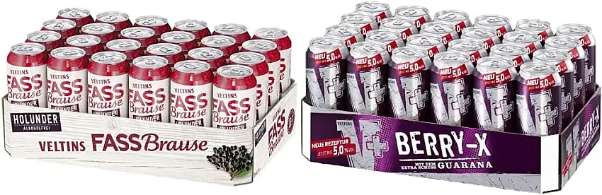 VELTINS Fassbrause Holunder Alkoholfrei, EINWEG (24 x 0.5 l Dose) & V+ Berry-X Biermischgetränk, EINWEG (24 x 0.5 l Dose)
