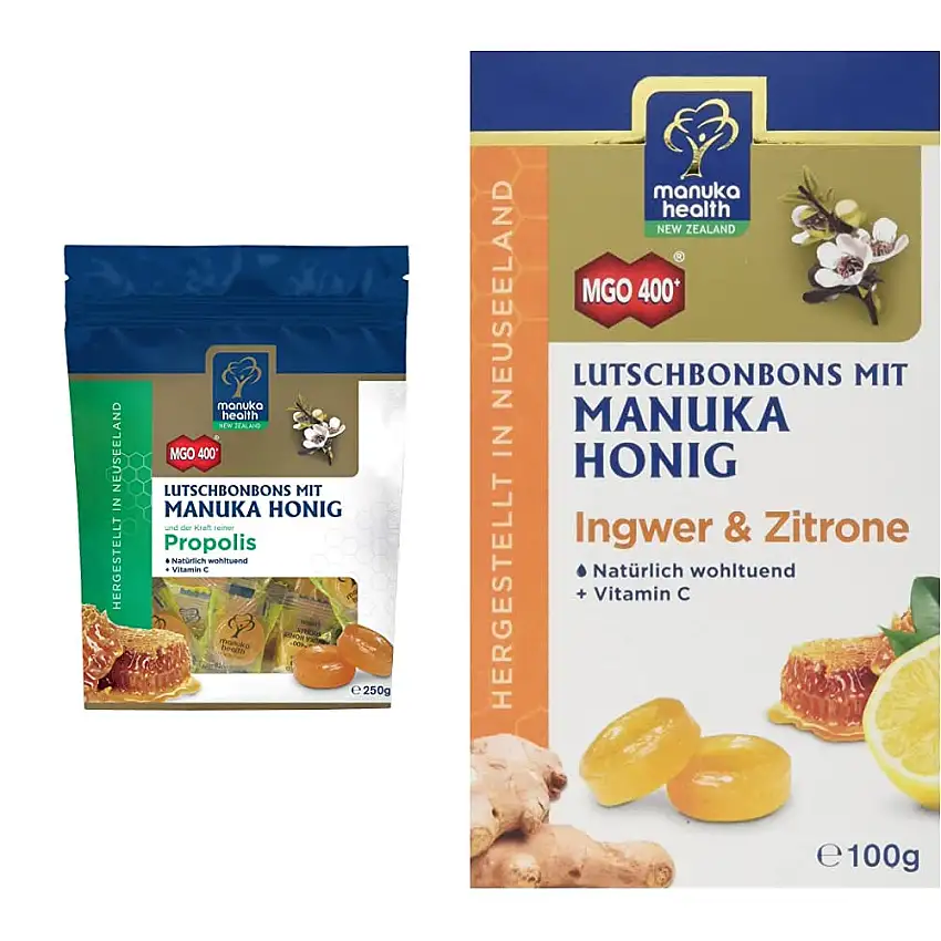 Manuka Health - MGO 400 + Lutschbonbons mit Propolis 250 g - 100% Pur aus Neuseeland mit zertifiziertem Methylglyoxal Gehalt und Vitamin C Bonbons & - MGO 400+ Ingwer-Zitrone Lutschbonbons (100 g)