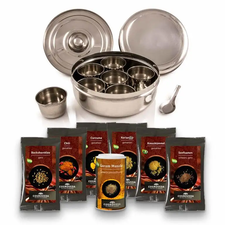 Masala Dabba - Masala Box mit 7 Cosmoveda Curry-Gewürzen