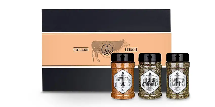 Ankerkraut Geschenk-Set Steaks grillen, mit Pfeffer Symphonie, Steakpfeffer Hamburg und Gewürzsalz, Gewürze mit Streufunktion, leckere Zutaten für BBQ am Grill, hochwertige Deluxe-Box mit Banderole