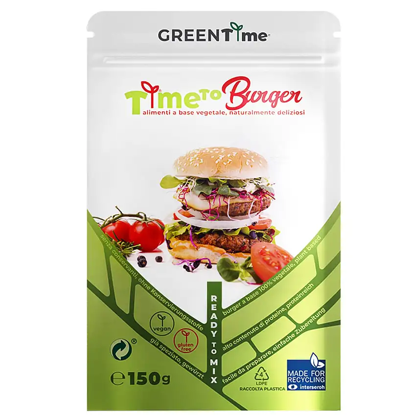 GREENTime Time to Burger (150 g) - Veganer Protein Burger 45,7g/100g | für ca. 6 Burger | nachhaltig, vegan & hochwertig | Fleischersatz aus Erbsenprotein & Sonnenblumenkernen