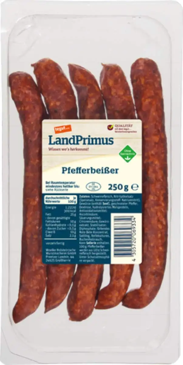 tegut… LandPrimus Pfefferbeißer - geräucherte Würstchen - Verzehrfertig, 1 x 250 g