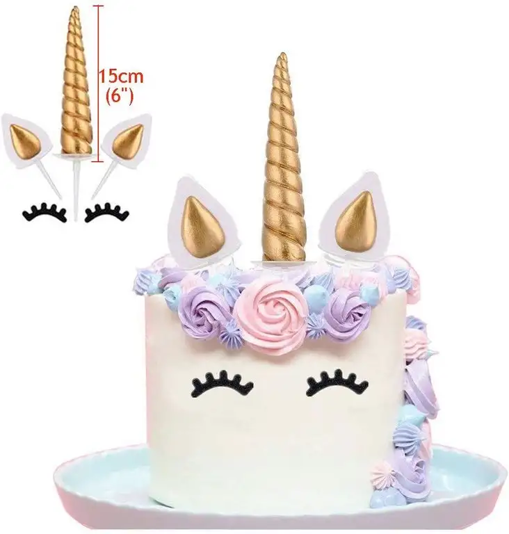 KAISHANE Unicorn Tortendekoration Gold Set mit 6 Einhornhörnern, Ohren und Wimpern Satz Kuchendekorationen Geburtstag Hochzeitstorte Kuchendeckel