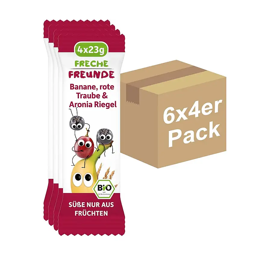 Freche Freunde Bio Frucht-Riegel "Rote Traube, Aronia & Banane", ohne Zuckerzusatz, für Kinder & Babys ab 1 Jahr, 12er Pack, 12 x (4 x 23 g)