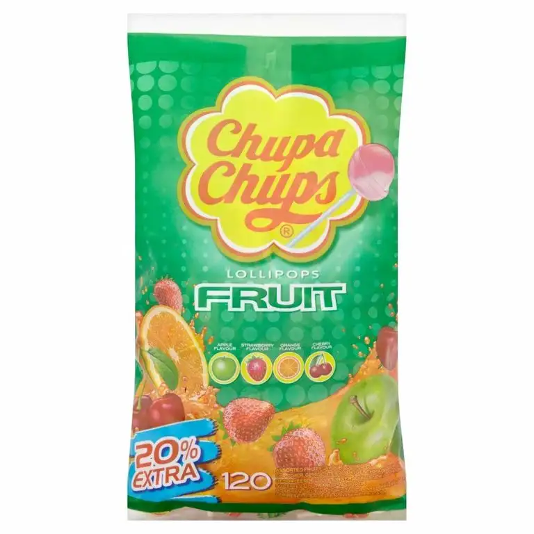 Chupa Chups Fruchtlutscher, 120 Lollis im Nachfüllbeutel: 20% extra, Fruit Lollis mit Apfel, Erdbeere, Orange, Kirsche
